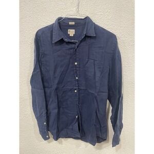 J Crew Linen Shirt Men Large Navy Tailored Fit Work Shirt Button Up